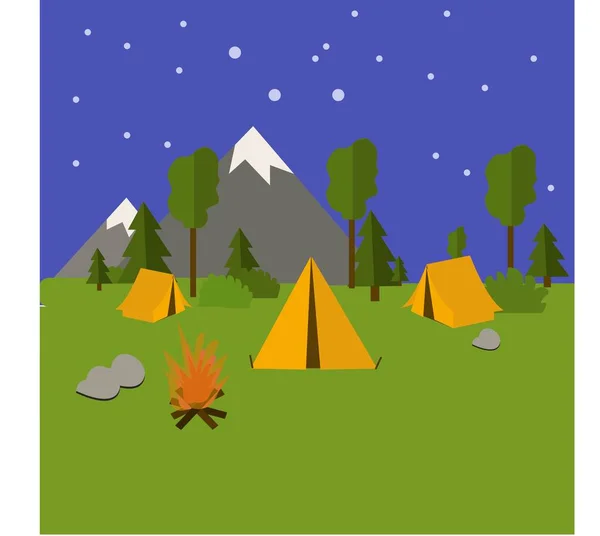 Camping mountain landscape in simple flat design with tents, night sky, fireplace, trees and mountain.