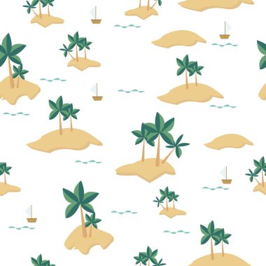 Adalar, deniz ve palmiye ağaçları ve sıcak renklerde vektörsüz desen. Basit düz tasarım manzarası.