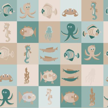 Açık renkli sualtı sakinleriyle kusursuz çizgi film vektör deseni. Balık, ahtapot, deniz atı, yengeç, denizanası ile Geometrik süs.