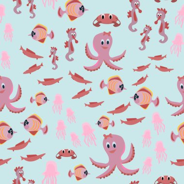 Suyun altında yaşayan canlılarla renklendirilmiş, kusursuz vektör deseni. Parlak ve şirin balıklar, ahtapot, denizatı, denizanası, yengeç. 