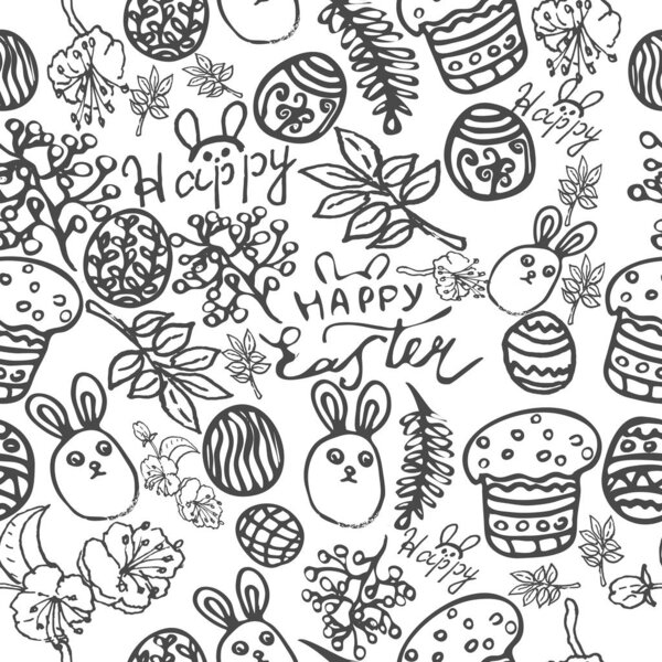 Cartoon doodle design drawing colouring seamless pattern. Easter celebration, eggs rabbit and letters happy Easter
