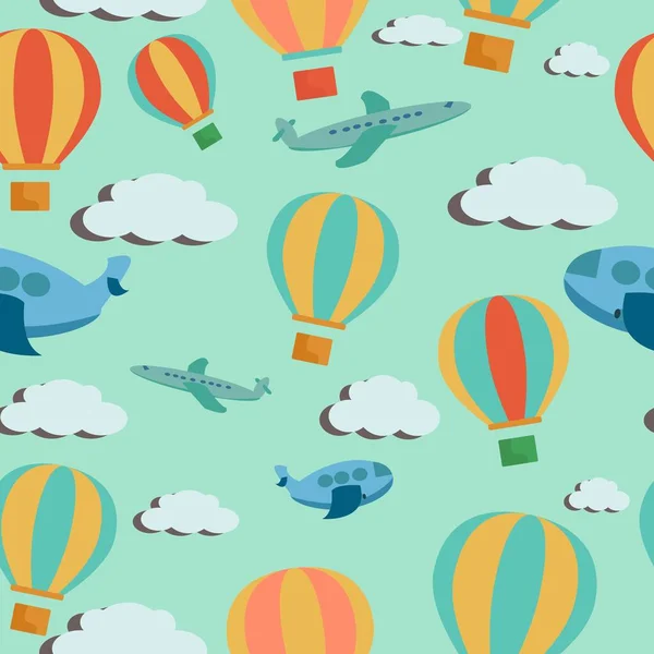 Helle bunte Cartoon-Vektor nahtlose Muster mit Heißluftballons, Flugzeuge und Wolken — Stockvektor