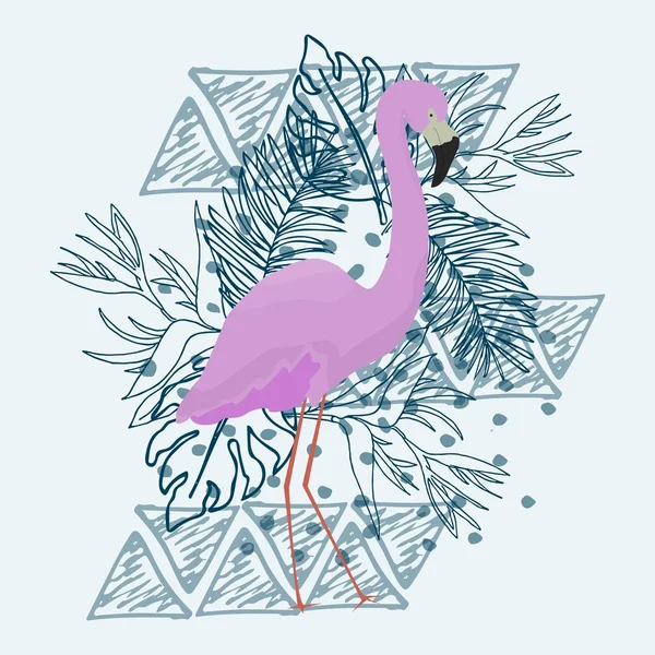 Fashion print with flamingo, tropical plants, doodle ethnic triangles in trend colours in vector design. — 스톡 벡터