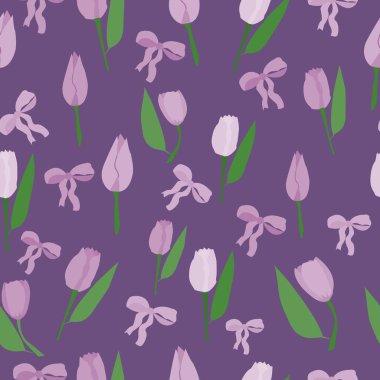 Koyu arkaplanda sevimli çiçek laleleri olan romantik, klasik, pürüzsüz bir desen. Vektör illüstrasyonu