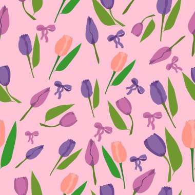 Pembe arka planda sevimli çiçek laleleri olan romantik, klasik, pürüzsüz bir desen. Vektör illüstrasyonu