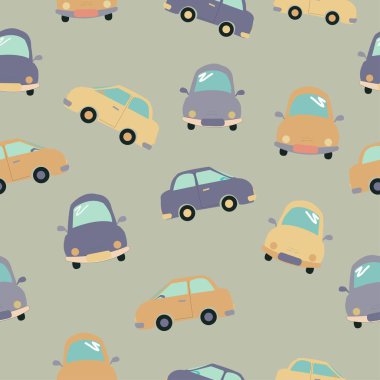 Repeat seamless vector pattern with cartoon cars on light grey background. Baby boy design