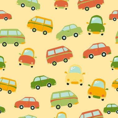 Repeat seamless vector pattern with cartoon cars on light grey background. Baby boy design