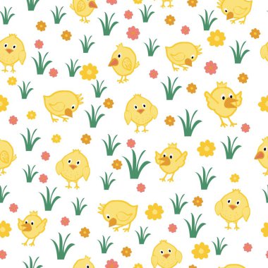 Cute simple chickens seamless pattern in colorful vector design, bright colorful composition