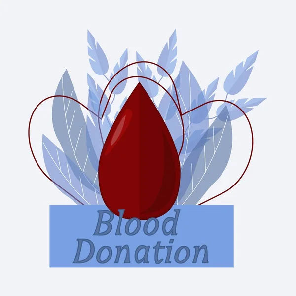 Ilustración de donación de sangre en diseño plano en vector con gota de sangre, corazones y hojas para decoración . — Vector de stock