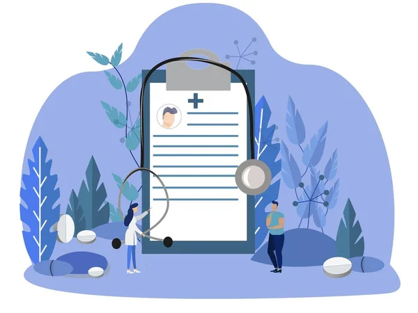 Concept vector illustration with doctor, patient and history of illness. Flat design in blue colours — 스톡 벡터
