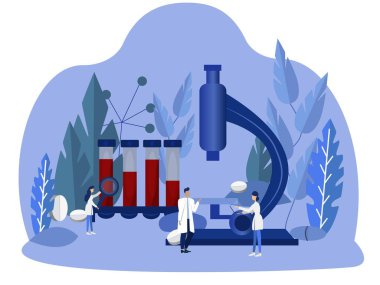 Tıbbi teşhis ve analiz için vektör çizimi kavramı. Mikroskoplu ve kanlı bir doktor.