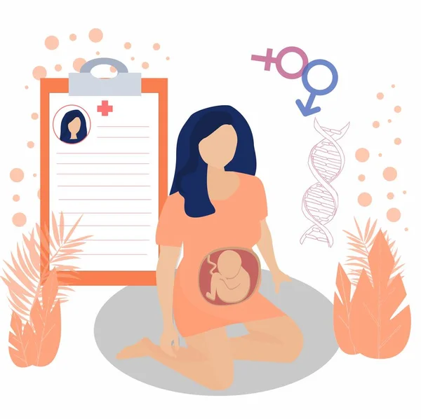 Ciężarne Kobiety Ilustracją Embrionu Brzuchu Siedzące Pobliżu Historii Choroby Ilustracja — Wektor stockowy