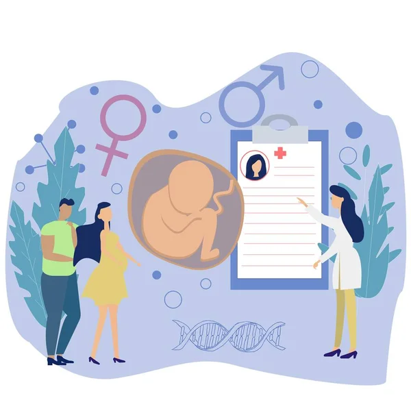 Terhes Nők Férjjel Kórházban Embrió Orvosi Kártya Illusztrációja Vektor Koncepciójának — Stock Vector