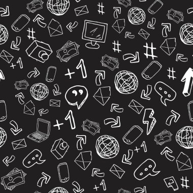 Sosyal medya nesneleri, küresel ağ, karanlık arka planda internet ile karalama tasarımında modaya uygun desen