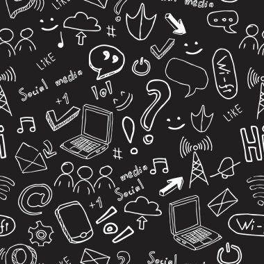Sosyal medya nesneleri, küresel ağ, karanlık arka planda internet ile karalama tasarımında modaya uygun desen