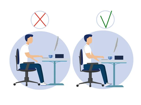 Správná poloha páteře v počítači a chybná. Lékařská infografická zdravotní péče. Vektorová ilustrace postavy ofice man. — Stockový vektor