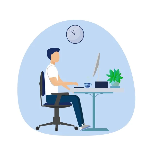 Man sitting in ofice near computer. Correct comfortable position. Working character. Stylish vector illustration — Stock Vector