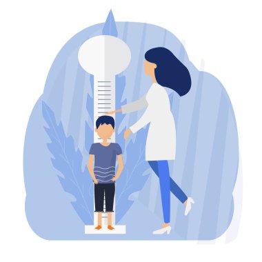 Çocuk ve çocuk doktoru düz vektör çizimleri. Doktor çocuk boyunu ölçüyor. Doktor ve hasta çizgi film karakterleri. Sağlık hizmetleri kavramı