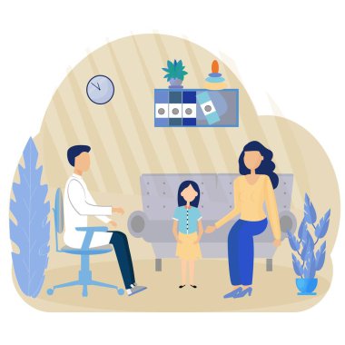 Çocuk doktorunun muayenesi. Muayene sırasında kadın doktor ve çocukla birlikte hastanenin pediatri bölümünde. Doktor ve Bebek. Düz biçimli Tıbbi Vektör İllüstrasyonu.