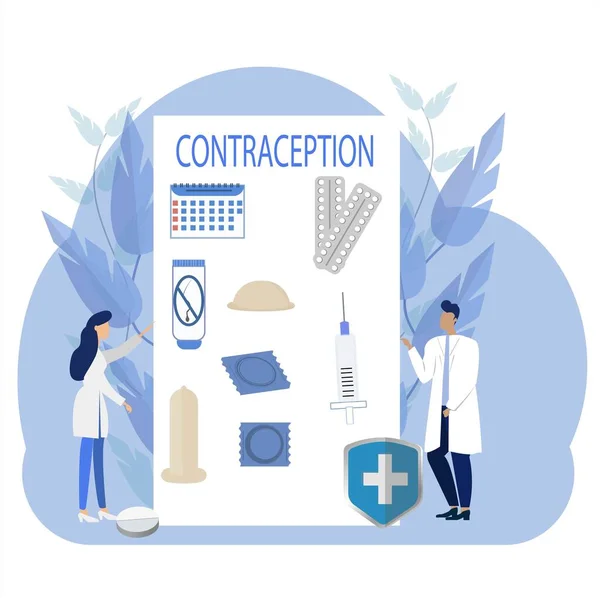 Twee karakters artsen die anticonceptiemethoden vertonen, anticonceptie. Gezondheidszorg, gynaecologie concept vector illustratie. Grafisch ontwerp met objecten voor een veilige reproductie. — Stockvector
