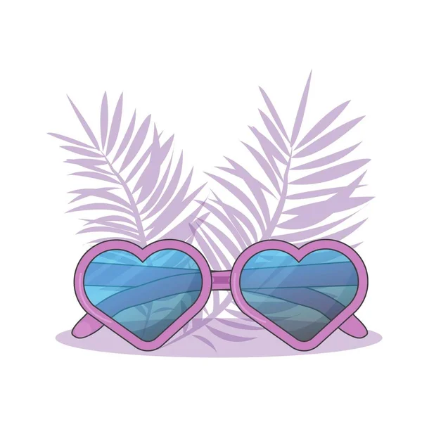 Helle, glänzende Sonnenbrille in Herzform. Modevektorillustration in rosa und violetten Farben. Silhouette und moderne Komposition mit tropischen Pflanzen. — Stockvektor