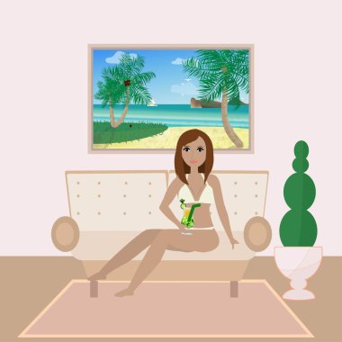 Evdeki kanepede bikinili genç ve çekici bir kadın kokteyl ile oturuyor. Tatil hayalleri. Tropikal plajın duvarında palmiyeler, deniz, gökyüzü. Vektör tasarımında harmonik eğilim renkleri