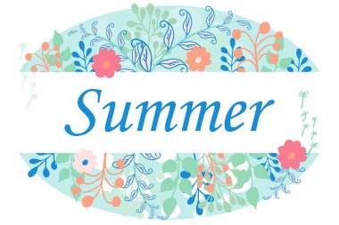 Mevsimlik yaz dekorasyonu, vektör tasarımlı çerçeve. Parlak renklerle, çiçeklerle, farklı bitkilerle grafiksel çizimler. Zarif ve taze. El çizimi elementler. Modern ve moda