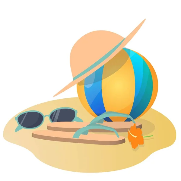 Composición Viaje Verano Con Gafas Sol Pelota Sombrero Calzado Diseño — Vector de stock