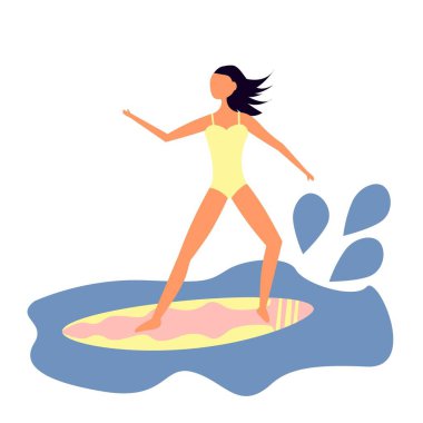 Serfboard 'un üzerinde duran mayolu genç kız. Vektör tasarımında izole bir karakter. Eğilim biçimi, düz, basit bir grafik parçası. Tatil, macera, nokta konsepti. 