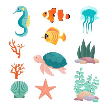 Deniz atı, kaplumbağa, egzotik balık, palyaço balığı, denizanası, deniz yıldızı, deniz kabuğu, mercan, vektör tasarımında sualtı bitkileri. Beyaz arkaplanda izole nesneler. 