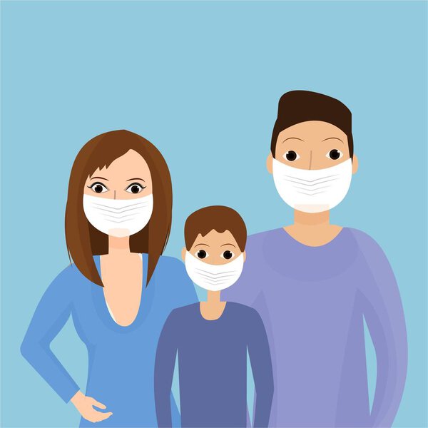 Вирус 2019-Ncov. Концепция карантина, предотвращение заражения китайцами. семья: отец, мать и сын в масках для защиты от воздушной инфекции в векторном дизайне
