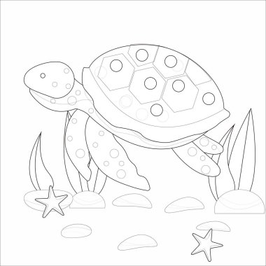 Kaplumbağa, su altı bitkileri, vektör tasarımlı denizyıldızı. Çocuklar ve yetişkinler için boyama sayfası. Grafiksel beyaz ve siyah, kontür, taslak biçimli kompozisyon