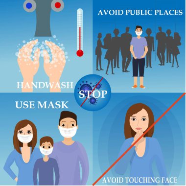 Bilgi, virüslerden korunma ipuçları. Ellerinizi yıkayın, maske takın, halka açık yerlerden uzak durun, yüzünüze dokunmayın. Tehlikeli bir salgın hastalık. Sağlıklı kalmak için adımlar