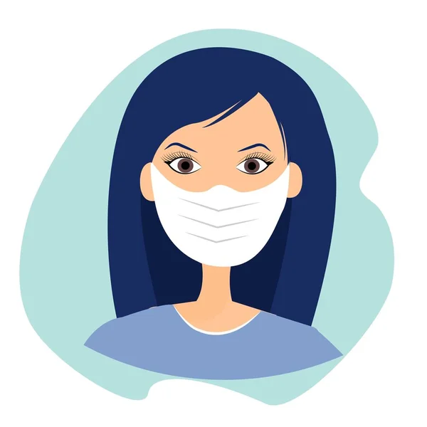Gezicht Van Een Jonge Vrouw Met Een Masker Bezorgd Virussen — Stockvector