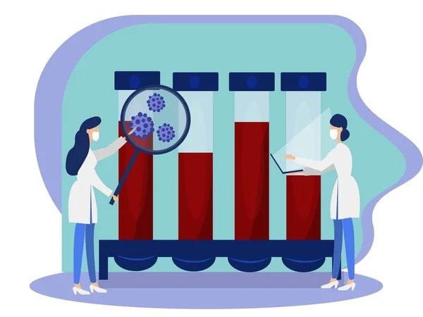 Dva Lékaři Obličejovými Maskami Studují Krevní Vzorky Nový Koronavirus 2019 — Stockový vektor