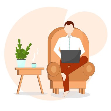 Karakter tasarımı, odada oturan, vektör dizaynlı defter. İllüstrasyon, evde kalmak, serbest çalışmak, rahat bir iş yeri. Grafiksel basit düz tasarım.