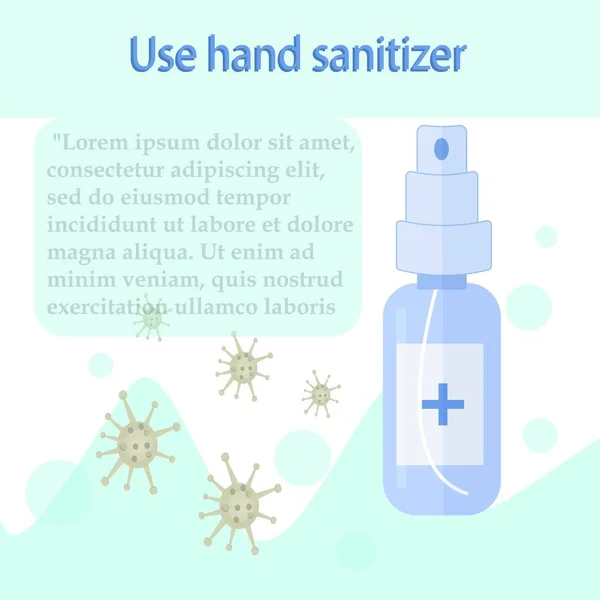 손 소독제 (Hand sanitizer): 텍스트, 텍스트를 위한 장소: 벡터 설계의 바이러스 사용자. 삽화를 묘사하는 플래카드, 플라이어에게 조언하 십시오. 코로나 바이러스의 개념을 중지 — 스톡 벡터