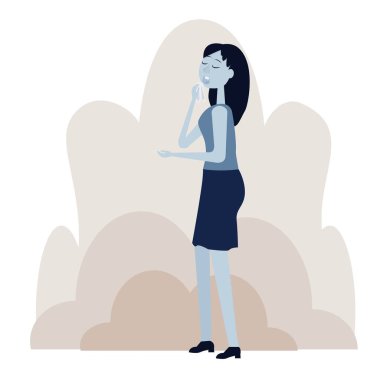 Coronavirus, covid-19. Vektör illüstrasyonlu kadın hapşırıyor, burnu akıyor, öksürük belirtileri gösteriyor. Beyaz dokuları olan ayakta duran bir kadın. Solunum Hastalıklarını Engelle. Poster, ilan, afiş, web sitesi