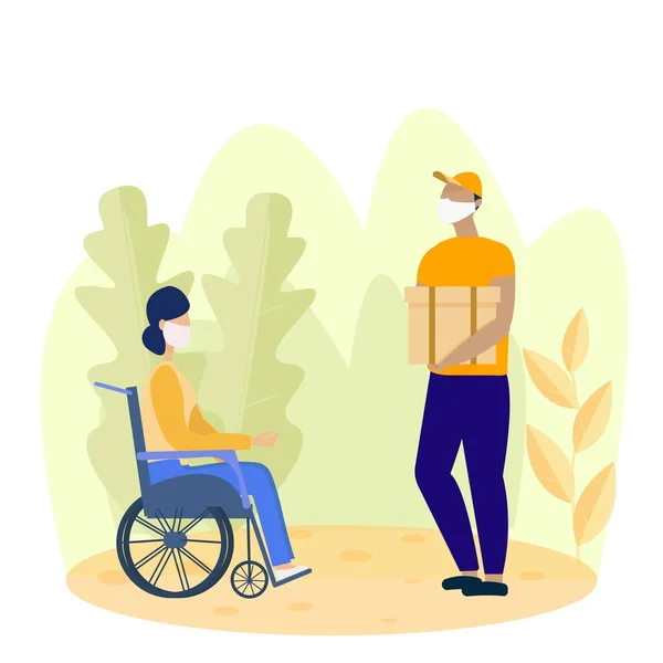 Γυναίκα με αναπηρία σε αναπηρική καρέκλα και κούριερ παραδίδουν όπλα με ιατρικές μάσκες. Εικονογράφηση διανυσματικής έννοιας. Καραντίνα, κίνδυνος. Παράδοση για ασφάλεια, υγειονομική περίθαλψη. — Διανυσματικό Αρχείο