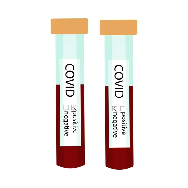 Due provette di oggetti con analiz di sangue isolato su sfondo bianco nel disegno vettoriale. Illustrazione grafica di pericoloso nCoV, concetto di virus Corona. Risultati positivi e negativi . — Vettoriale Stock