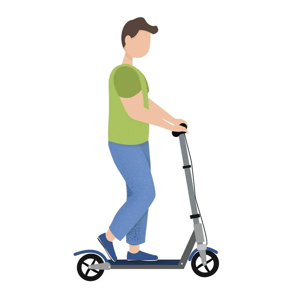 Personaggio uomo cavalcando su scooter calcio nel design vettoriale in stile piatto isolato su sfondo bianco. Trasporto elettrico, tecnologia, ecologia. stile di vita attivo, clipart moderno — Vettoriale Stock