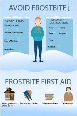 Avoid frostbite, symptoms, first aid, character man freezing in vector design. Infographic, poster print in winter colours. Information medical care clipart