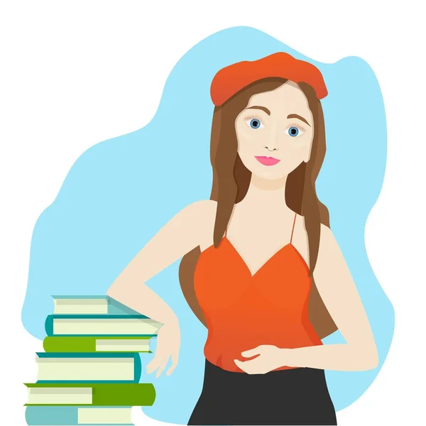 Πορτρέτο του νεαρού όμορφη, αξιολάτρευτο κορίτσι σε κόκκινο top με βιβλία στο σχεδιασμό διάνυσμα. Γραφική λεπτομερής, θετική, κομψή εικονογράφηση. Εκπαίδευση, εξυπνάδα, βιβλιοθήκη, διαφήμιση. Επεξεργάσιμο και απομονωμένο. — Διανυσματικό Αρχείο
