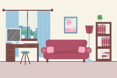 Kanepe, pencere, bilgisayarlı çalışma yeri, vektör tasarımlı kitaplar ve bitkilerle dekore edilmiş. Konforlu oturma odasının parlak renklerinde grafiksel kompozisyon.