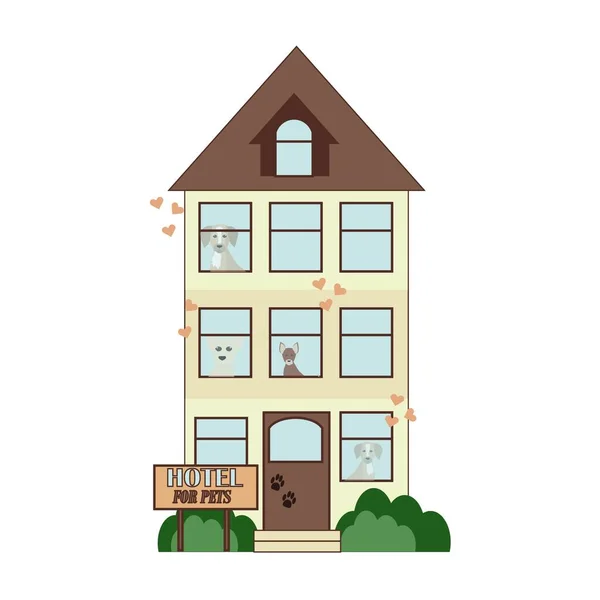 Edificio con puerta, ventanas y cabezas de perro en diseño vectorial. Hotel de mascotas, servicio para concepto de mascotas. Aislado sobre fondo blanco . — Vector de stock