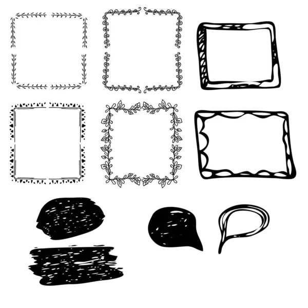 Set van doodle stijlvolle met de hand getekende frames in vector design. Leuke, eenvoudige schets voor verschillende ontwerpbehoeften. Geïsoleerd op witte achtergrond. — Stockvector