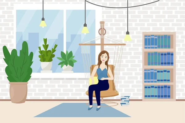 Лофт, светлый, уютный интерьер с девушкой, сидящей на гамаке кресле, украшенном книгами, иллюстрациями к векторам растений. Графическая композиция гостиной, помещения для отдыха. Пребывание дома концепции — стоковый вектор