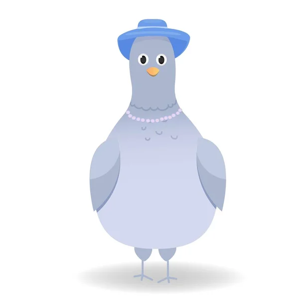 Dove, pigeon colorful, comic stock vector illustration. Character bird with fashion hat standing, isolated on white background. Wild and funny. — Stock Vector