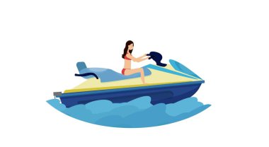 Jet-ski kayak teknesi stok illüstrasyonunda tatlı giyimli bir kız. Grafiksel aktivite tasarımı, aşırı dinlenme. Parlak, renkli, pozitif bileşim.