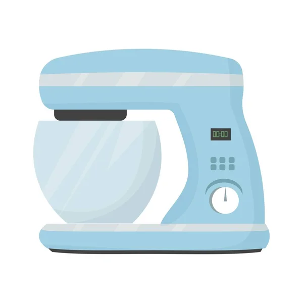 Equipo de cocina, mezclador eléctrico con cuenco de vidrio en color azul claro aislado sobre fondo blanco ilustración vector. Objeto doméstico gráfico, dispositivo brillante . — Archivo Imágenes Vectoriales